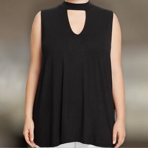 Slinky Brand Black Jersey Knit Sleeveless Mock Neck Keyhole Sharkbite Hem Top 2X